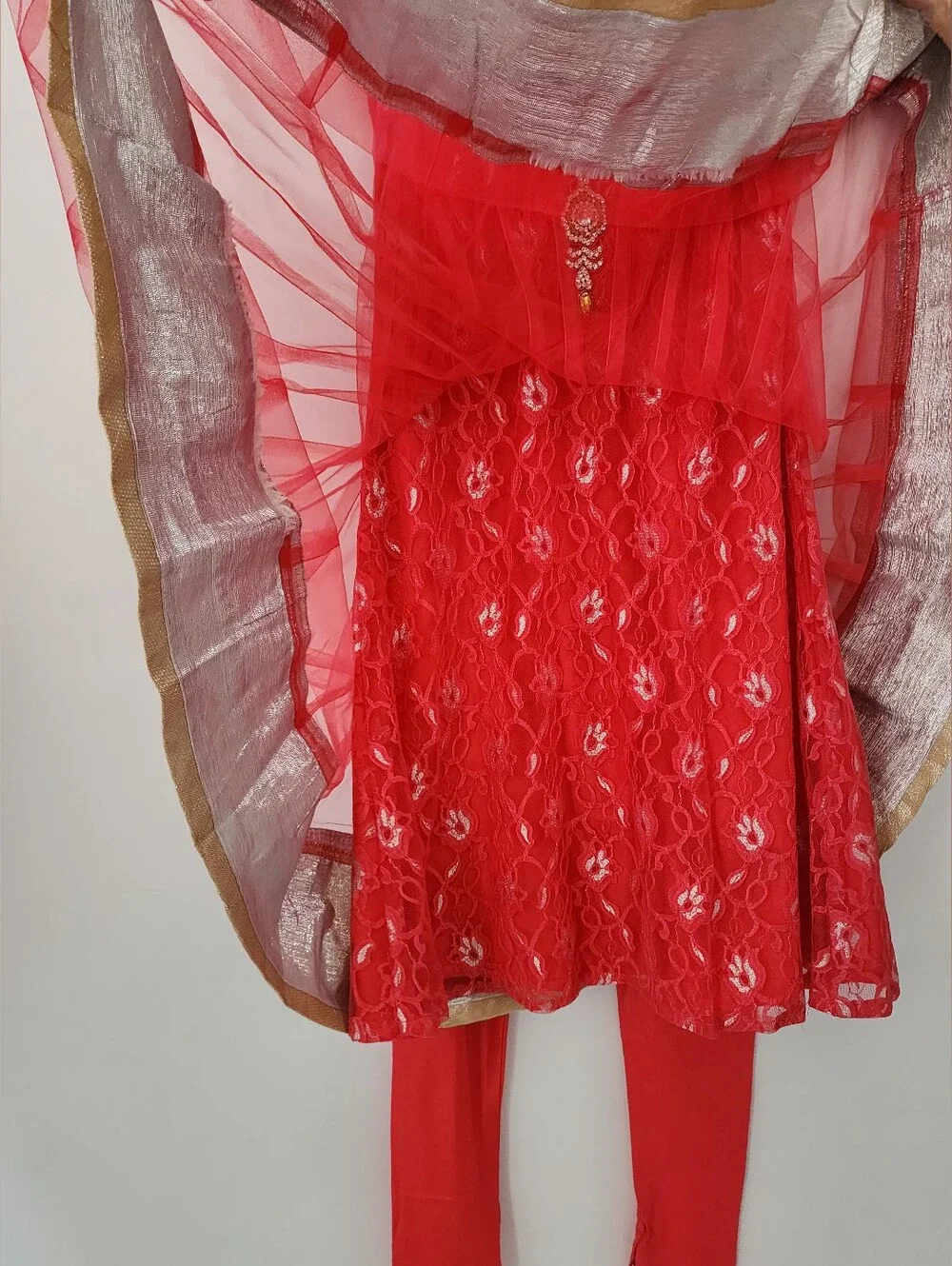 Girls Red Embellished Anarkali Set with Matching Leggings By For Kids Sz 8 Years